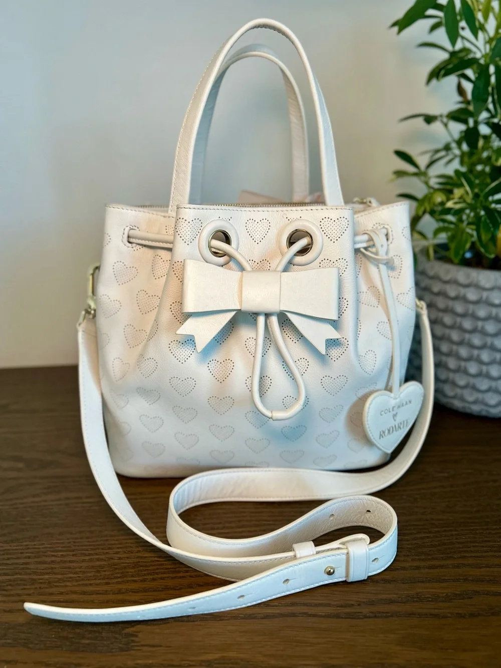 Cole Haan x Rodarte Heart Perforated Leather Bucket Bag White Bow